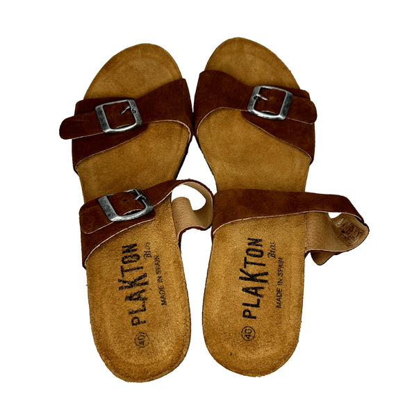 Plakton Bios Wedge Sandal Womens 40 Leather Suede Cork Strappy Slip On Coastal - Picture 4 of 8